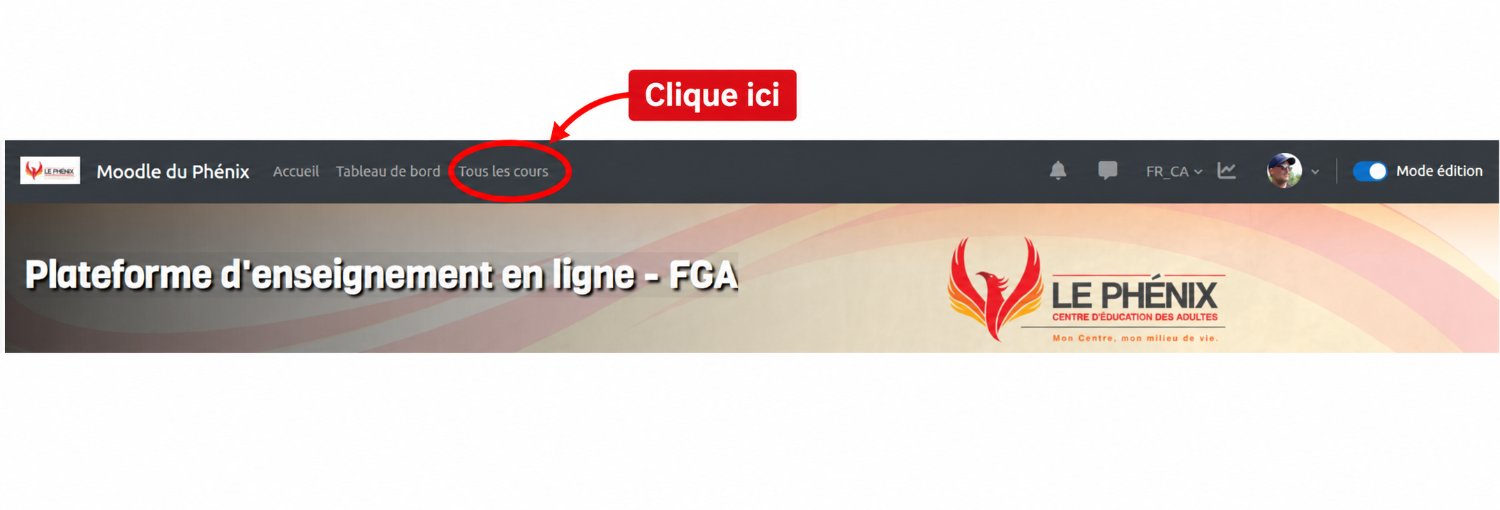Repérage du bouton Tous les cours dans Moodle